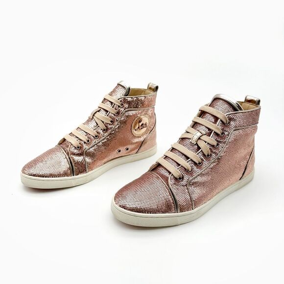 CHRISTIAN LOUBOUTIN Bip Bip Blush Pink Sequin High Top Sneakers Size 38 Lace Up - Picture 14 of 14